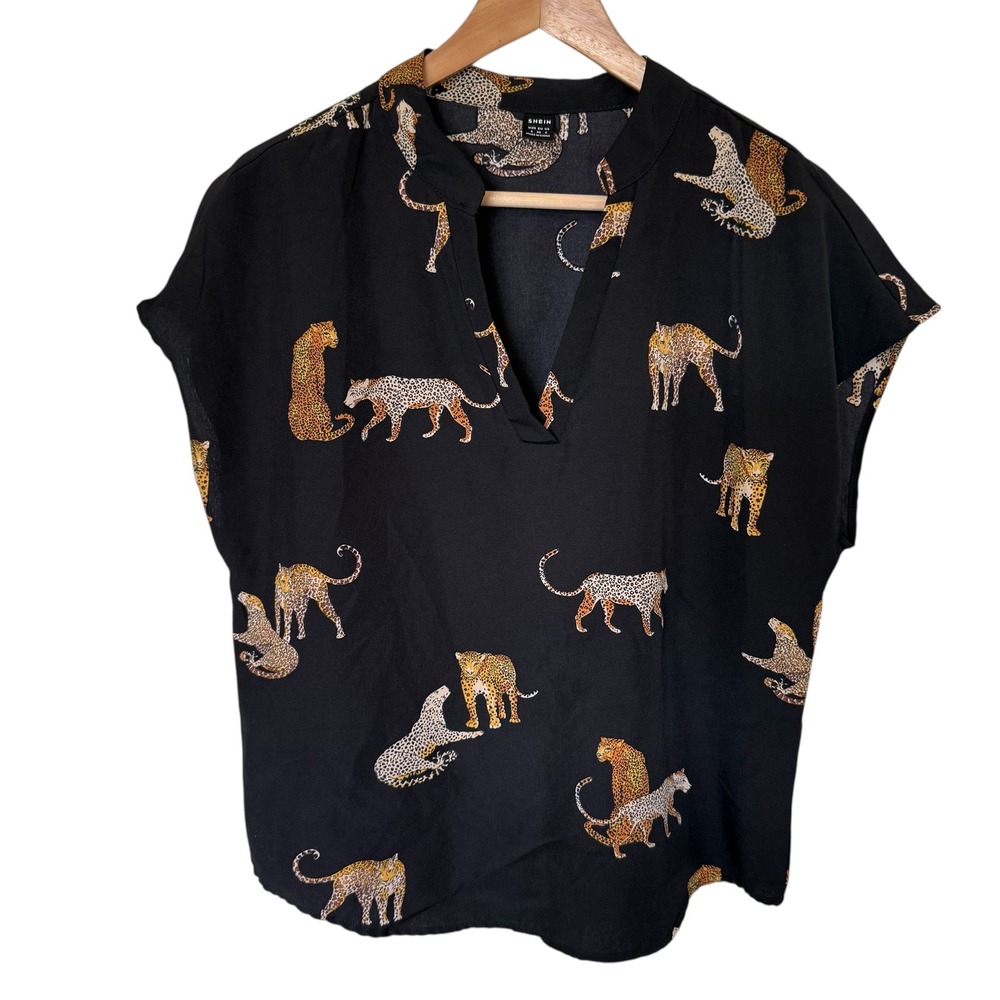 SHEIN Black Leopard Print V-Neck Cap Sleeve Blouse Women's Size S
